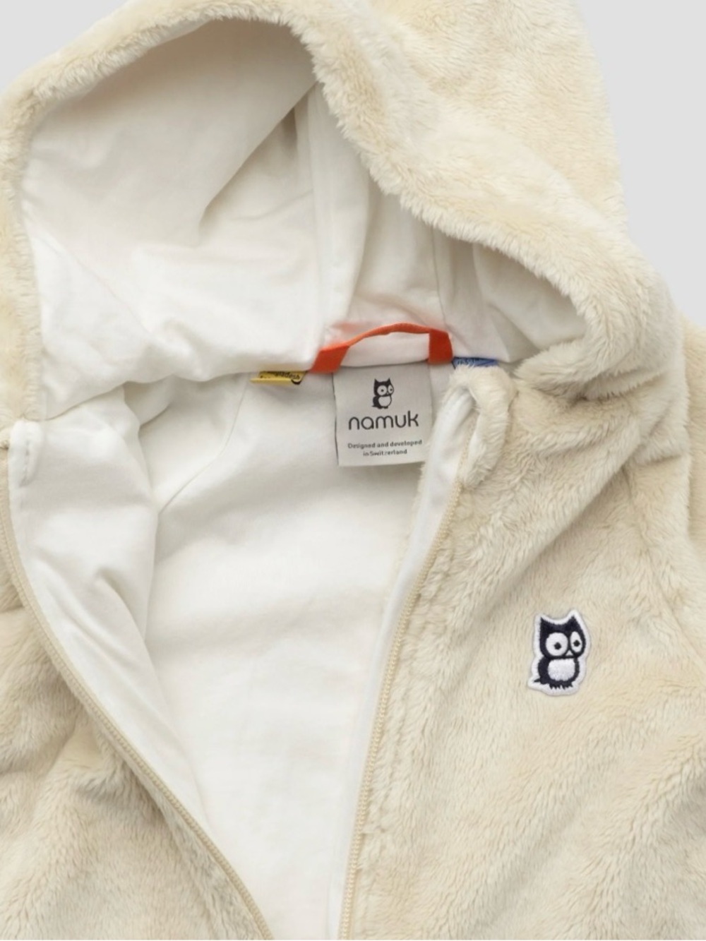 Namuk Cream Plush Hooded Jacket with Owl Patch